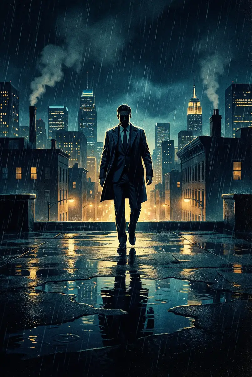 国产成 人 综合 亚洲 出品影片《雨夜独行者》海报，雨中城市屋顶男性剪影